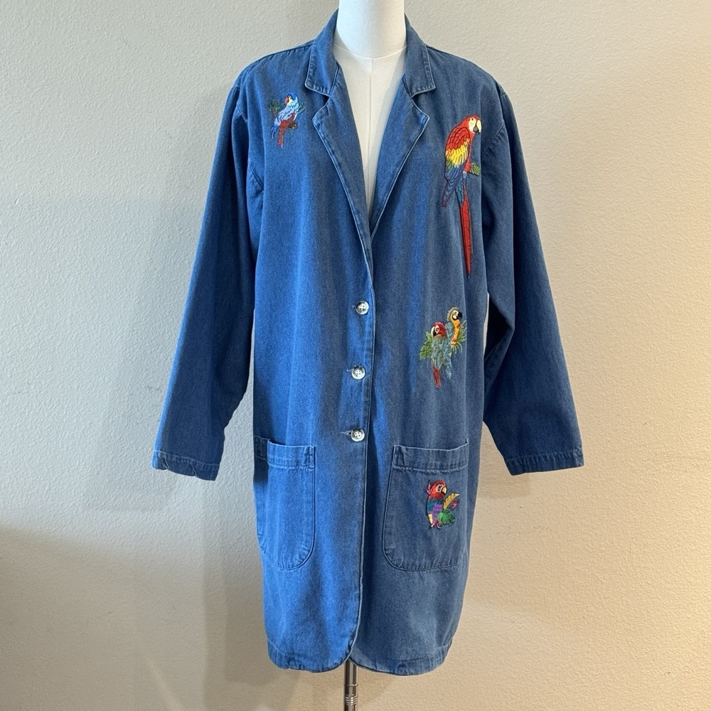 Vintage Sunbelt Denim Duster S Wearable Art Parrot Bird Embroidered Patch 90s